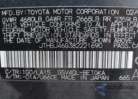 2008 Lexus Es 350 from USA, damaged, VIN JTHBJ46G382221690